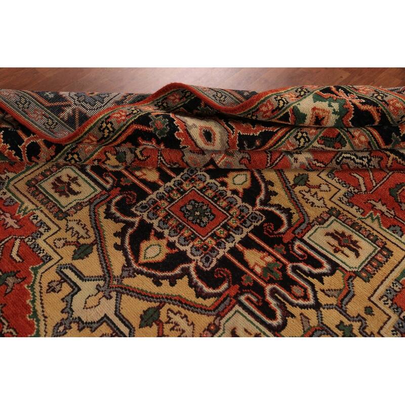 Geometric Heriz Serapi Indian Area Rug Handmade Orange Wool Carpet - 8'9"x 11'10"