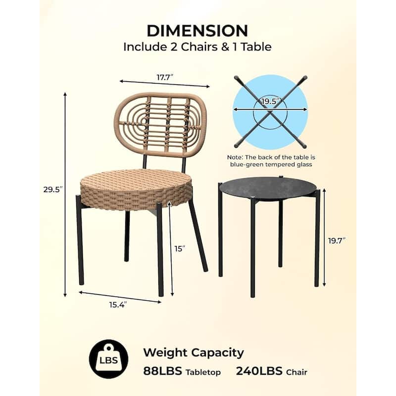 3 Piece Outdoor Bistro Set, Patio Rattan Bistro Set with Coffee Table, Black Steel Frame + Grey Rattan - N/A