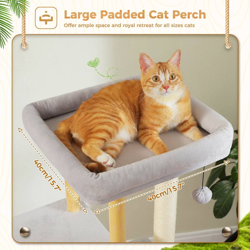 53" Modern Wooden Cat Tower for Indoor Large Cats, Multi-Level Cat Condos with Long Scratching Posts and Scraping Columns