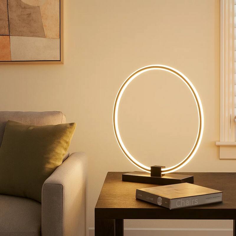 Sine 21 Inch Table Lamp, Modern Circle Ring LED, Sleek Black Metal Base