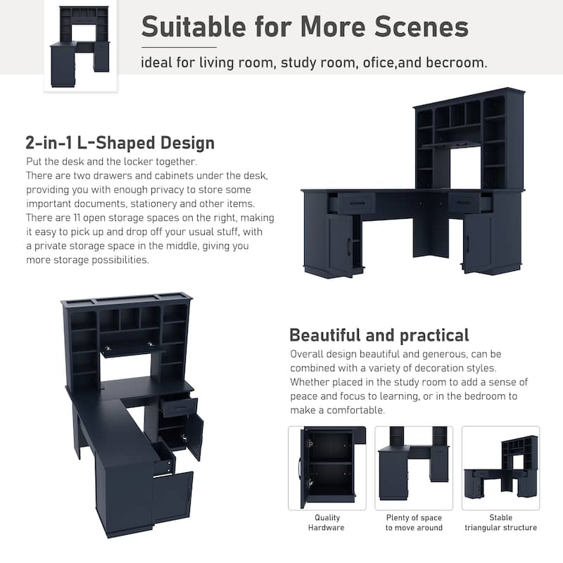 Computer Desk with 2 Cabinets, 2 Drawers & 11 Shelves, L-Shaped Corner Home Office Desk, Gaming Computer Desk with Power Outlet