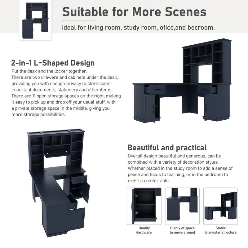 Roomfitters L-Shaped Computer Desk with Hutch, 2 Cabinets, 2 Drawers and 11 Open Shelves, with Power Outlet