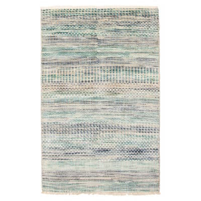 ECARPETGALLERY Hand-knotted Silk Shadow Green Viscose, Wool Rug - 3'11 x 6'0