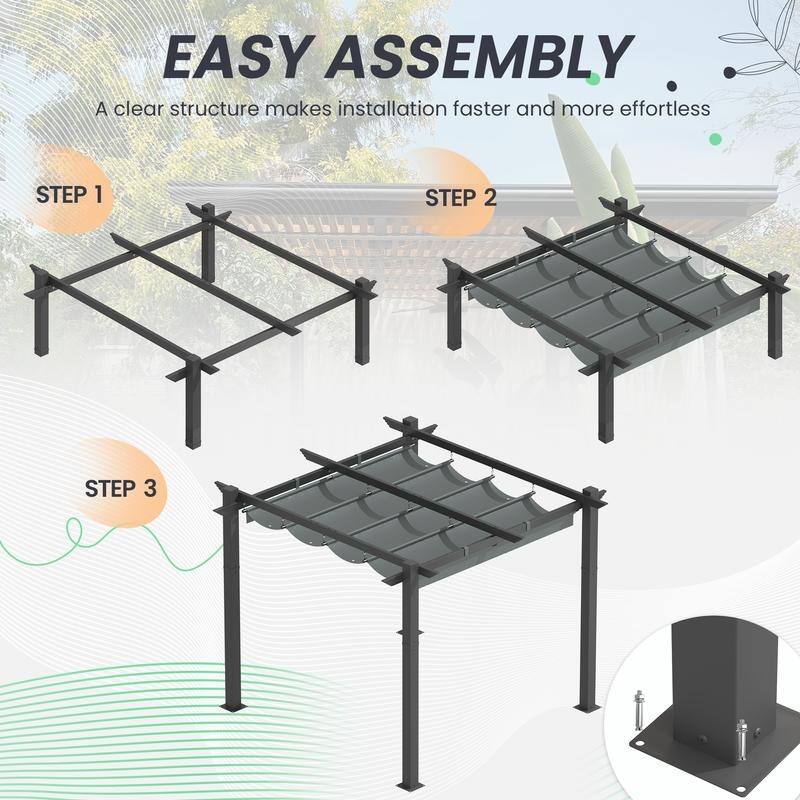 EROMMY 10' x 13' Outdoor Pergola with Retractable Canopy, Heavy-Duty Metal Frame and Adjustable Patio Shade Roof