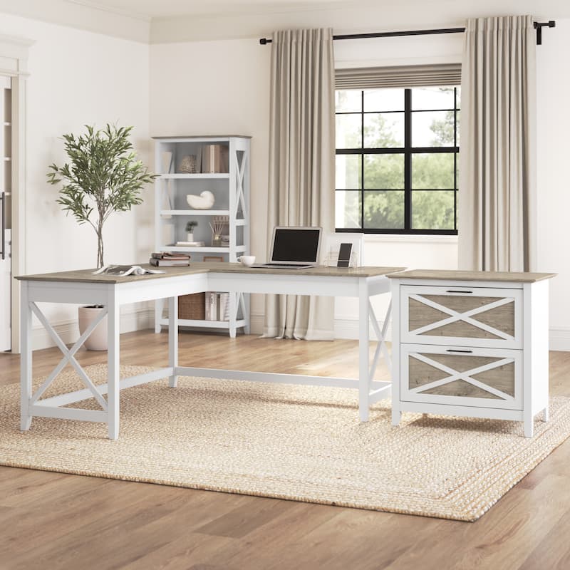Key West 60W L Desk with 2 Drawer File Cabinet by Bush Furniture - Shiplap Gray/Pure White