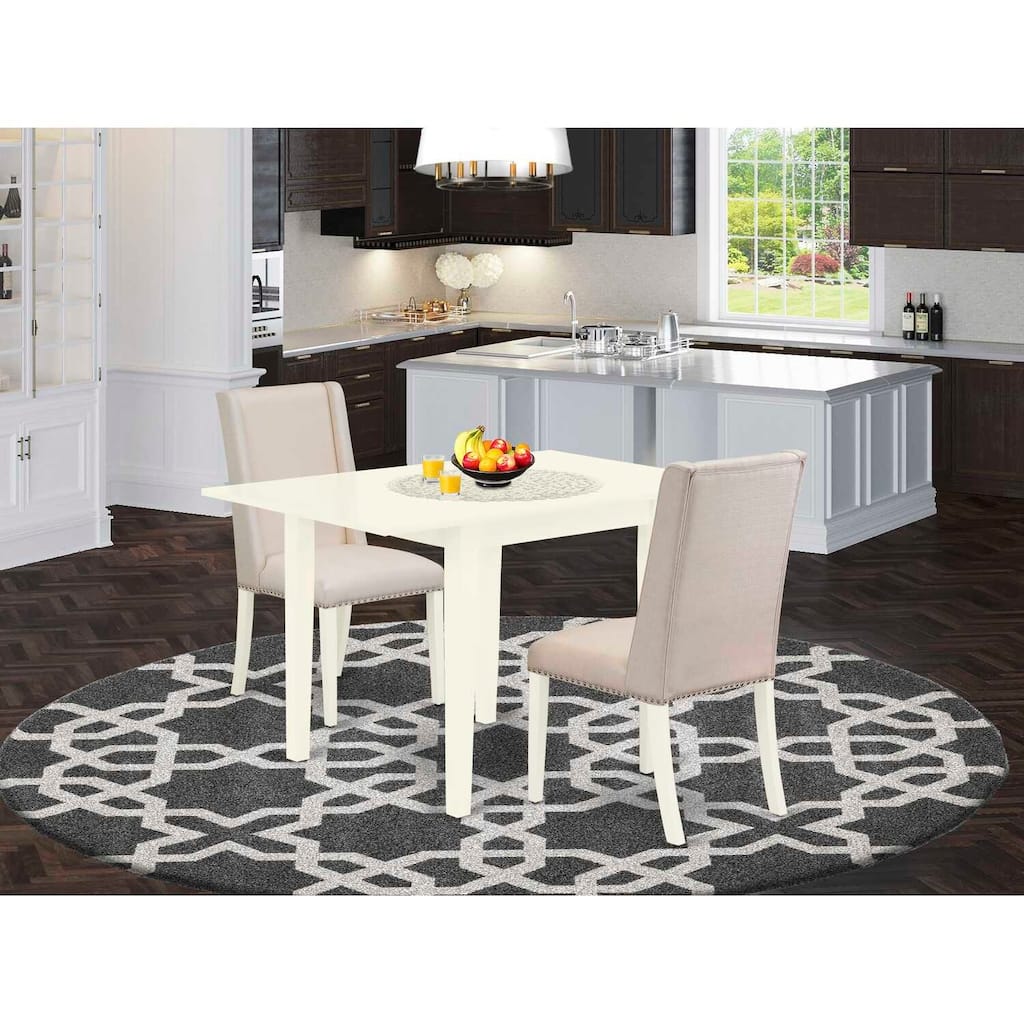 HomeStock 3-Piece Linen White Finish Rectangular Solid Wood Top with Dropleaf Dining Table Set