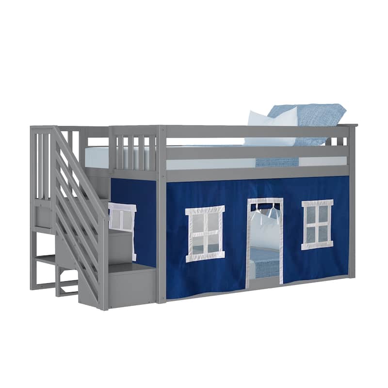 Max and Lily Twin over Twin Low Bunk Bed with Staircase and Curtains