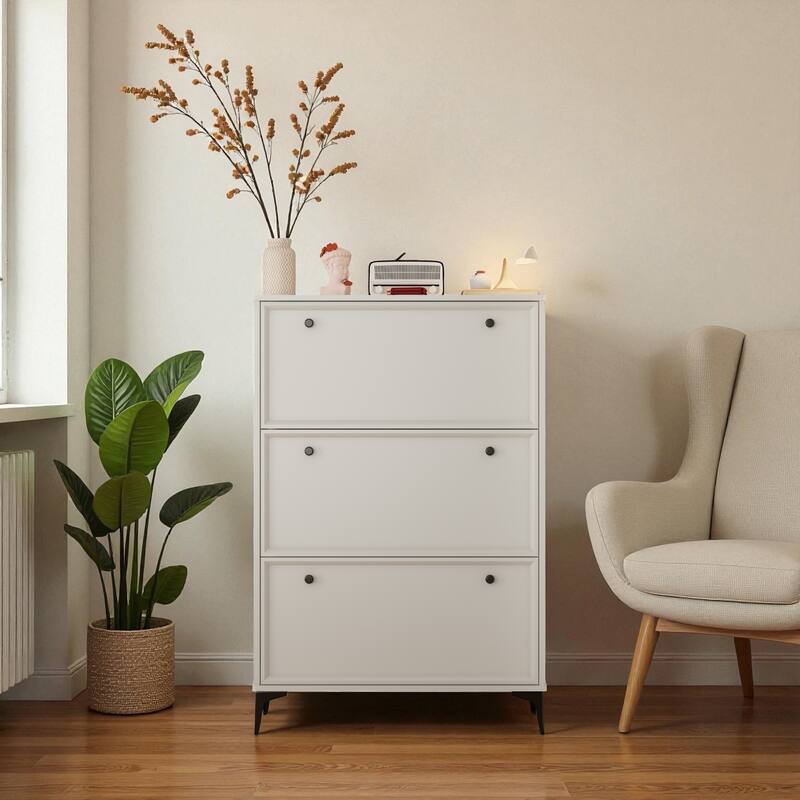 31.5" Modern White Shoe Cabinet with 3 Flip Drawers, Slim Entryway Shoe Storage Organizer with Adjustable Shelves