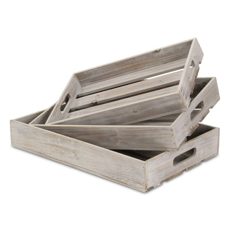 HomeRoots 19" Gray Rectangular Wood Handmade Tray With Handles