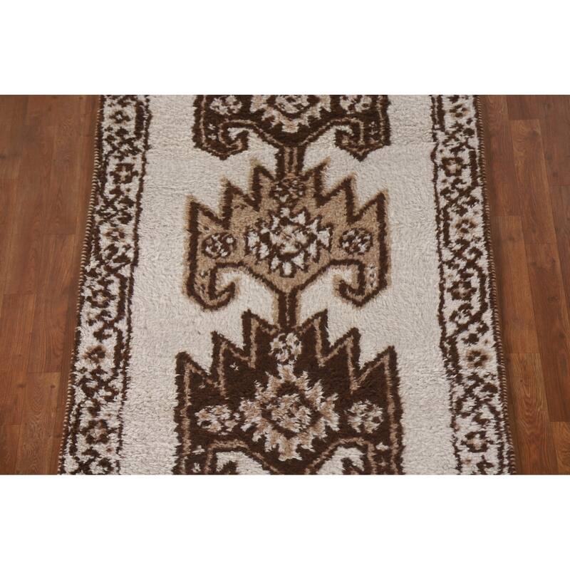 Tribal Anatolian Turkish Runner Rug Handmade Beige Wool Carpet - 3'6"x 11'9"