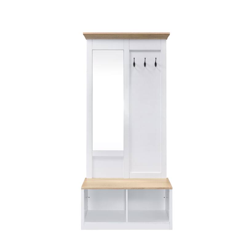 Modern Hall Tree with Full-Length Mirror, Bench, and Open Storage in Light Oak & White Finish