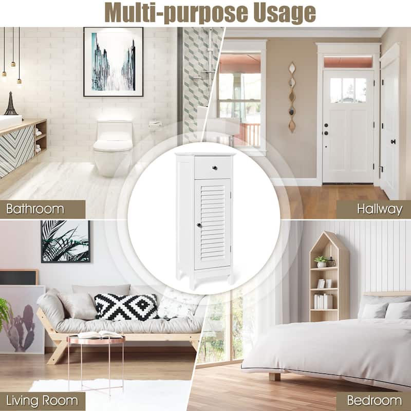 Gymax Bathroom Floor Storage Cabinet Side Wooden Organizer w/ Drawer & - See Details