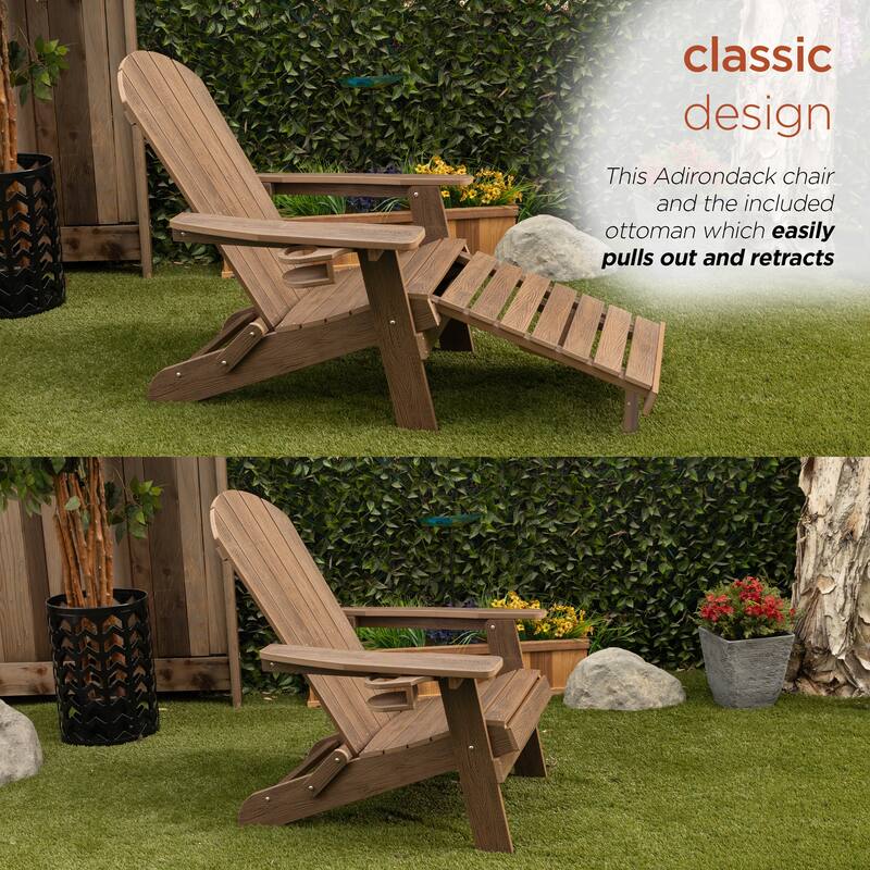 Dk. Teak Folding Adirondack Chair w/Cup Holder and Ottoman