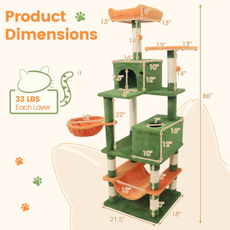 Gymax 66'' Tall Cat Tree w/2 Condos Sisal Scratching Posts Plush Perch