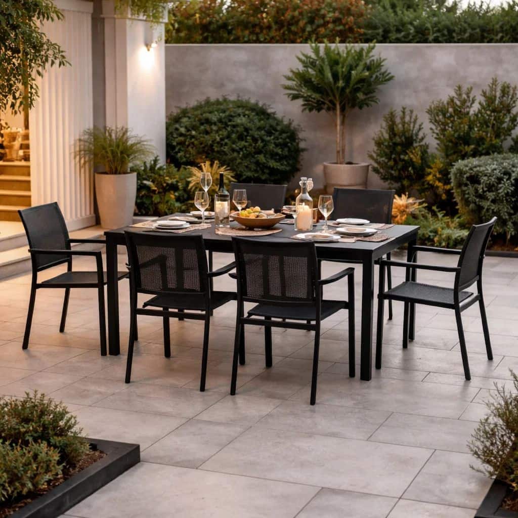 Fifi 7 Piece Dining Table Set, Black Metal Frames, Smooth Textilene Fabric