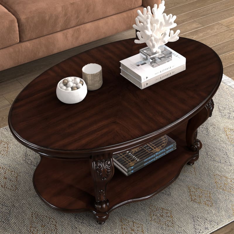 42 Inch Oval Wood Coffee Table with 2-Tier Open Shelf