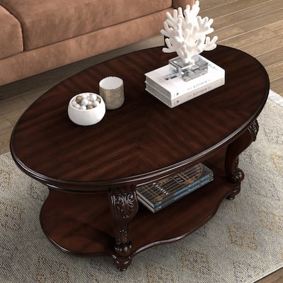 42 Inch Oval Wood Coffee Table with 2-Tier Open Shelf
