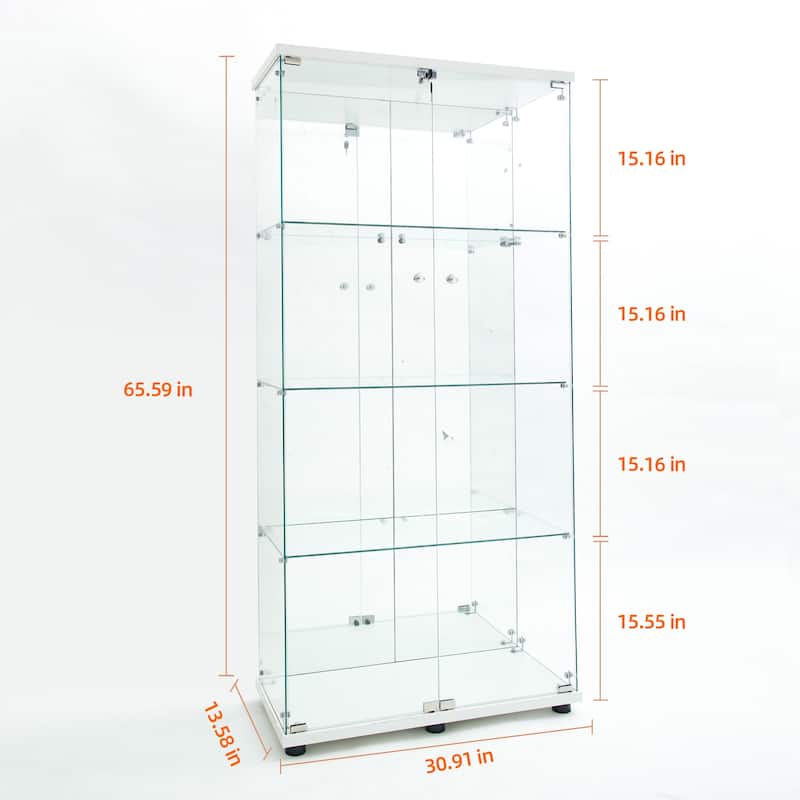 65" Tempered Glass Display Cabinet with Mirror Back, Bluetooth LED Lights, Lockable Doors, Liquor & Storage Cabinet