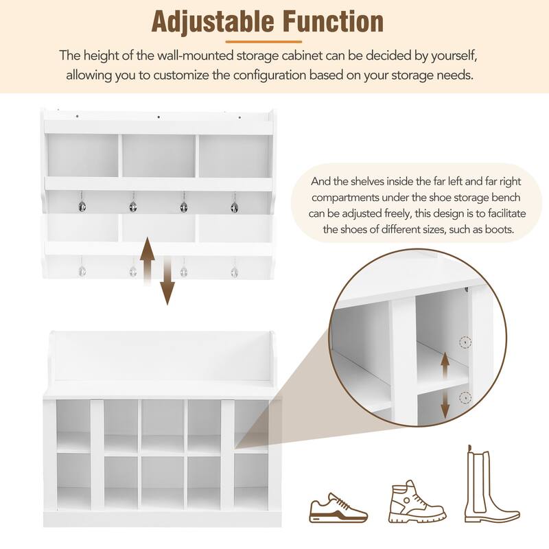 Shoe Storage Rack for Front Door Entrance, Wood Bench Wall Mounted Coat Rack with Shelves, 4 Hooks Hall Tree Shoe Bench