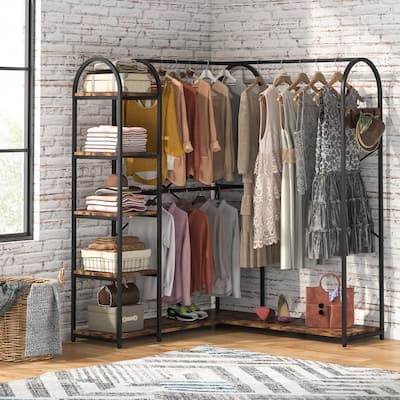 L Shape Clothes Rack, Corner Garment Rack with Storage Shelves and Hanging Rods, Large Open Wardrobe Closet for Bedroom