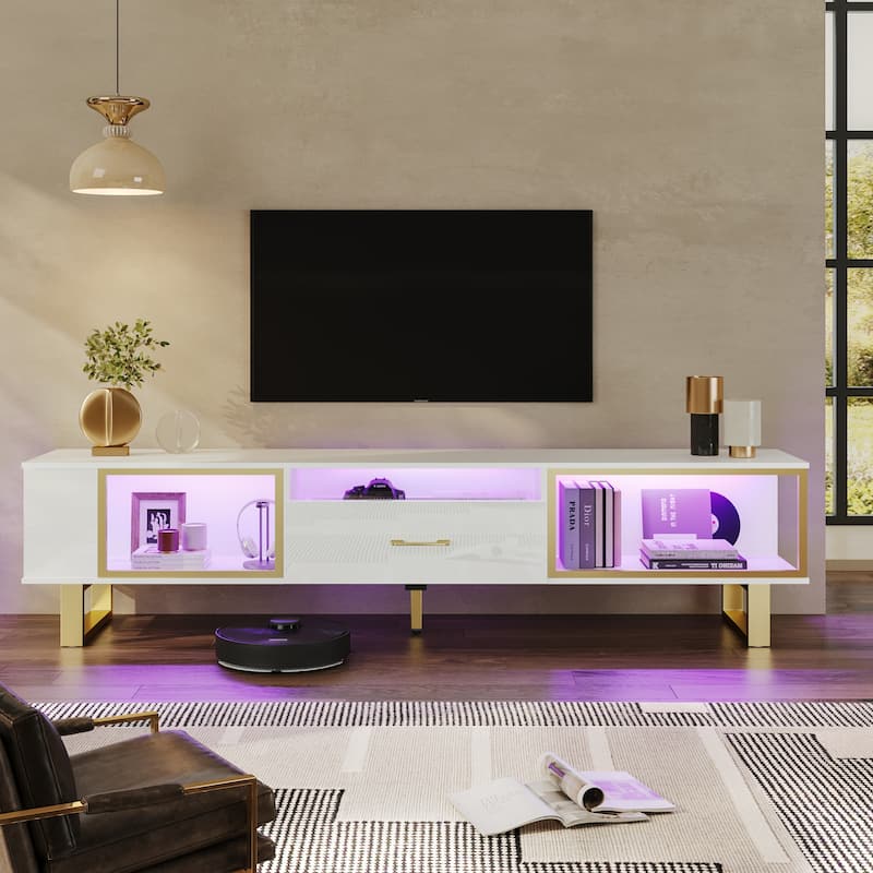 70" Led TV Stand for 75/80 inch TV, Glossy Media Console with Half-Glass Drawer