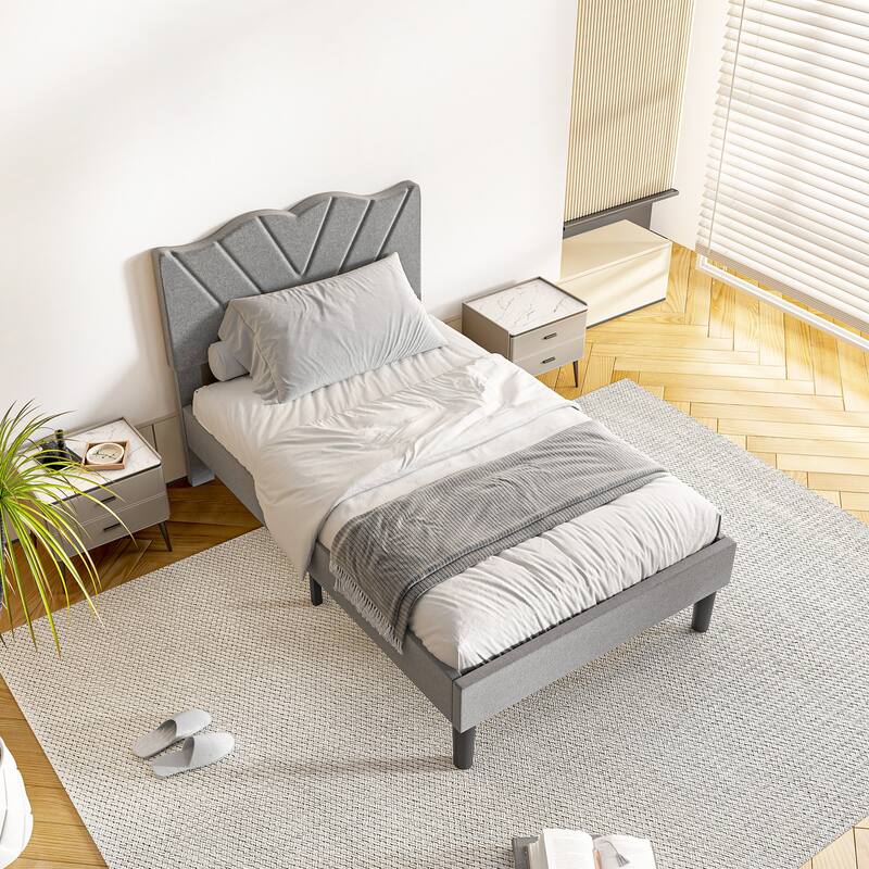 Queen Size Upholstered Bed Frame with Wooden Slats, Padded Headboard, Heavy-Duty Support, No Box Spring Required