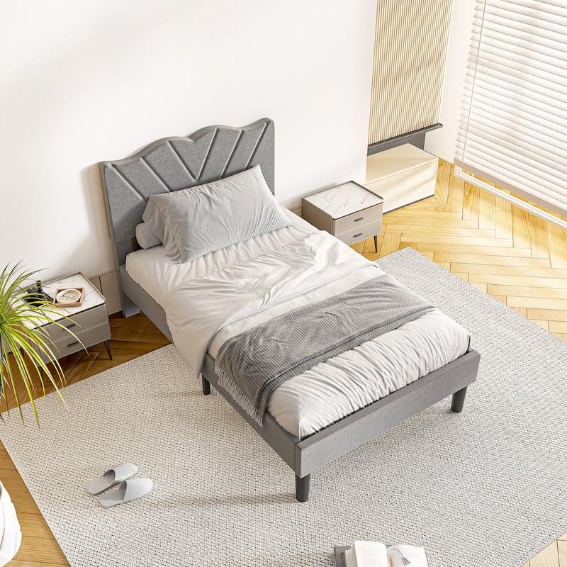 Velvet Upholstered Platform Bed Frame with Solid Wood Legs and Special Shaped Headboard - Grey - Twin