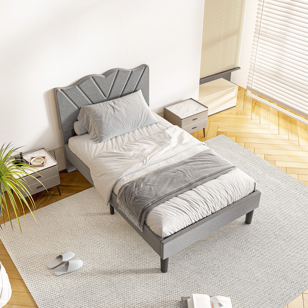 Velvet Upholstered Platform Bed Frame with Solid Wood Legs and Special Shaped Headboard