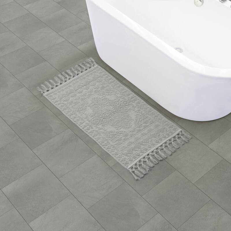 French Connection Nellore Fringe Cotton Bath Rug - 20x34 - Medium Blue