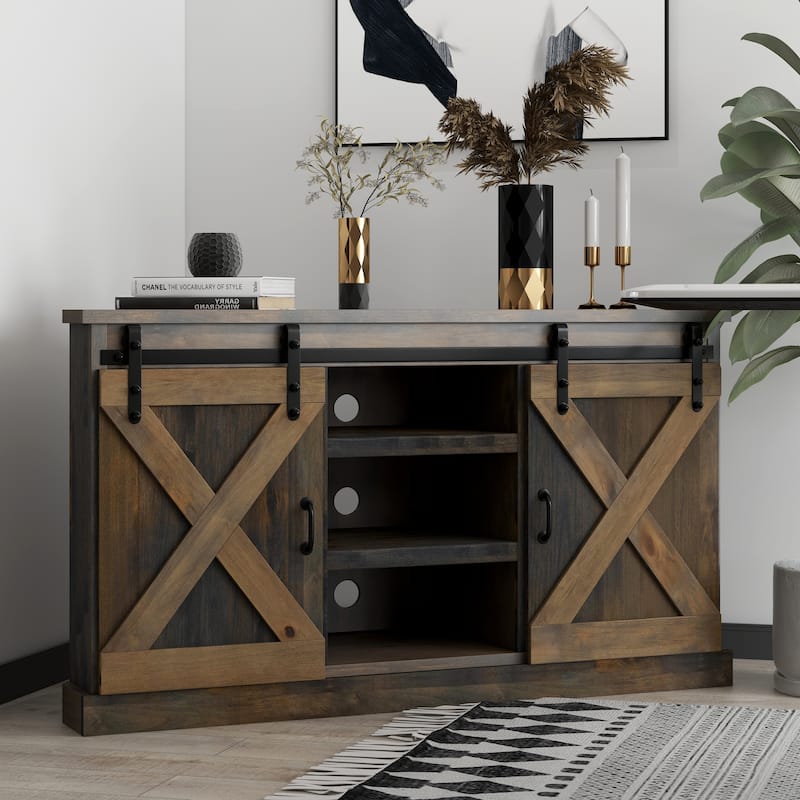 Bridgevine Home Farmhouse 56 inch Corner TV Stand for TVs up to 60 inches, No Assembly Required, Barnwood Finish - Barnwood