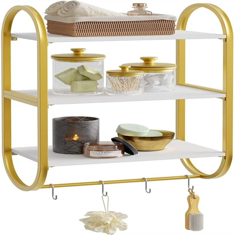 3 Tier Wood Wall Shelves for Bathroom with Golden Metal - 9.5"D x 16"W x 30"H