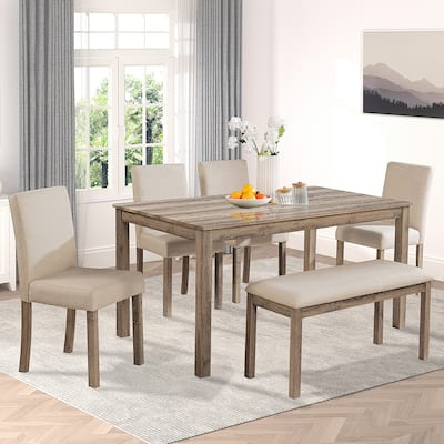 6 Piece Wooden Rectangular Dining Kitchen Table with 4 Upholstered Chairs and Bench, for Dining Room Furniture