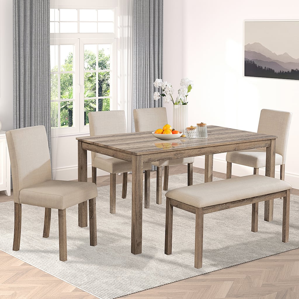 6 Piece Wooden Rectangular Dining Kitchen Table with 4 Upholstered Chairs and Bench, for Dining Room Furniture