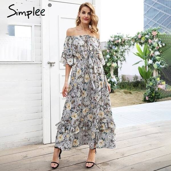 Shop Simplee Print Off Shoulder Summer Long Dress Women High Waist
