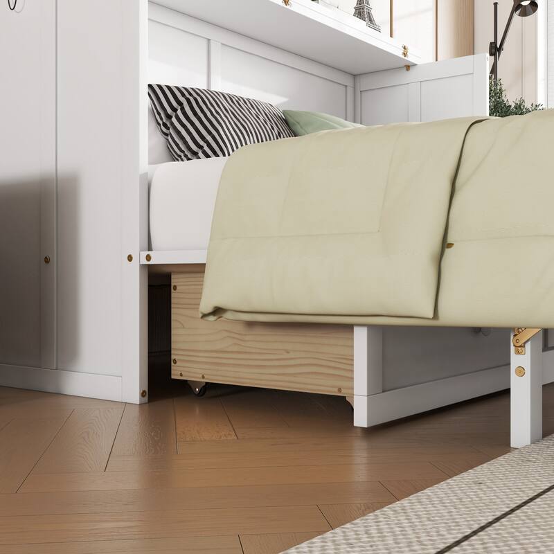 Roomfitters Queen Murphy Bed Cabinet with Storage Compartment, Charging Station with USB, Solid Pine Wall Bed