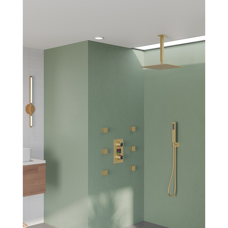 GRANDJOY Thermostatic Shower System Rainfall 12" Ceiling Mount Shower Faucet Digital Display Body Jets Handheld Shower Head