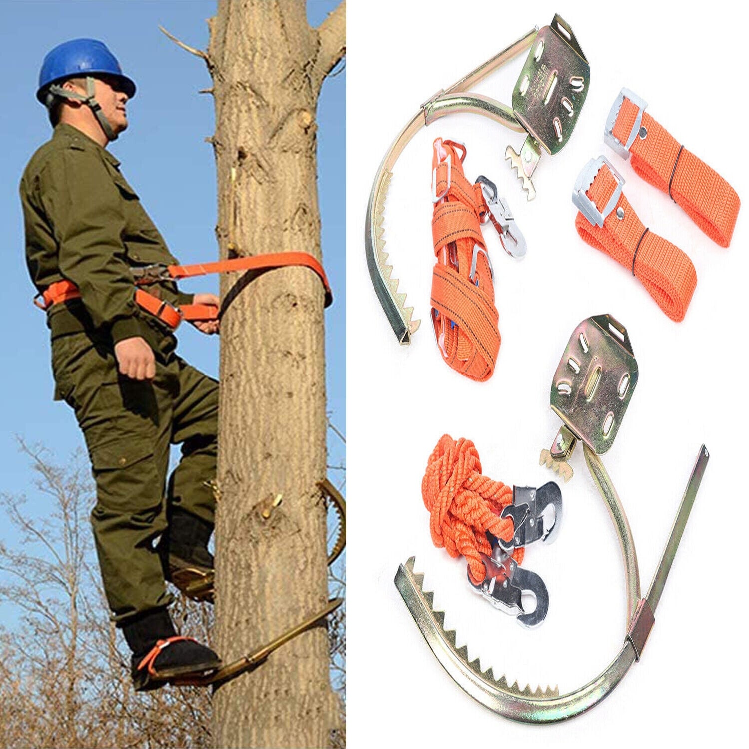 Adjustable Tree Climbing Gear Spike Set Tool - 17.7in - 17.7in - Silver/Orange