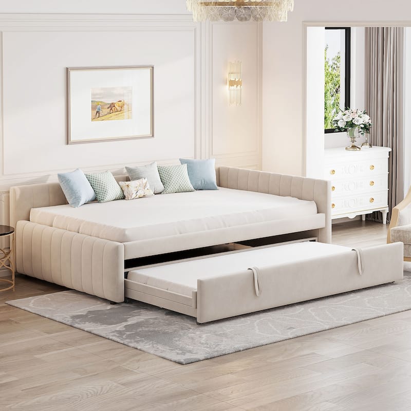 Full Size L-Shaped Daybed with Twin Pop-Up Trundle Upholstered Storage Bed (650lbs Capacity)