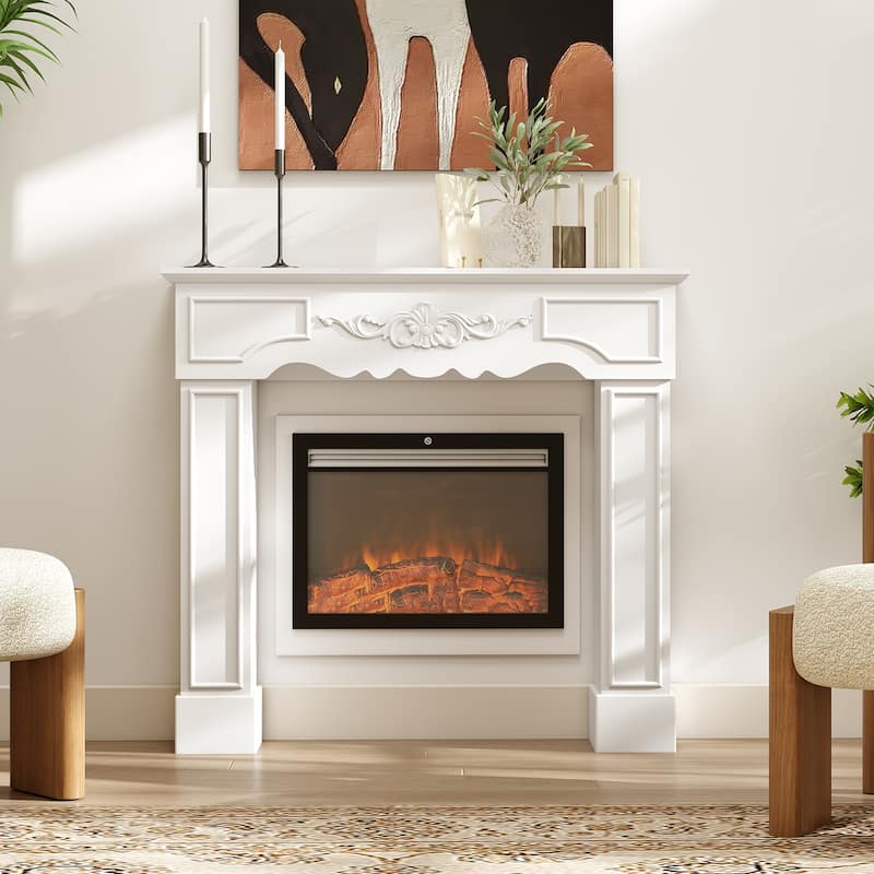 HOMCOM Baroque Fireplace Mantel, Freestanding Fireplace Surround with Leg for Electric Fireplaces, 43.3" W x 39.8" H, White - White