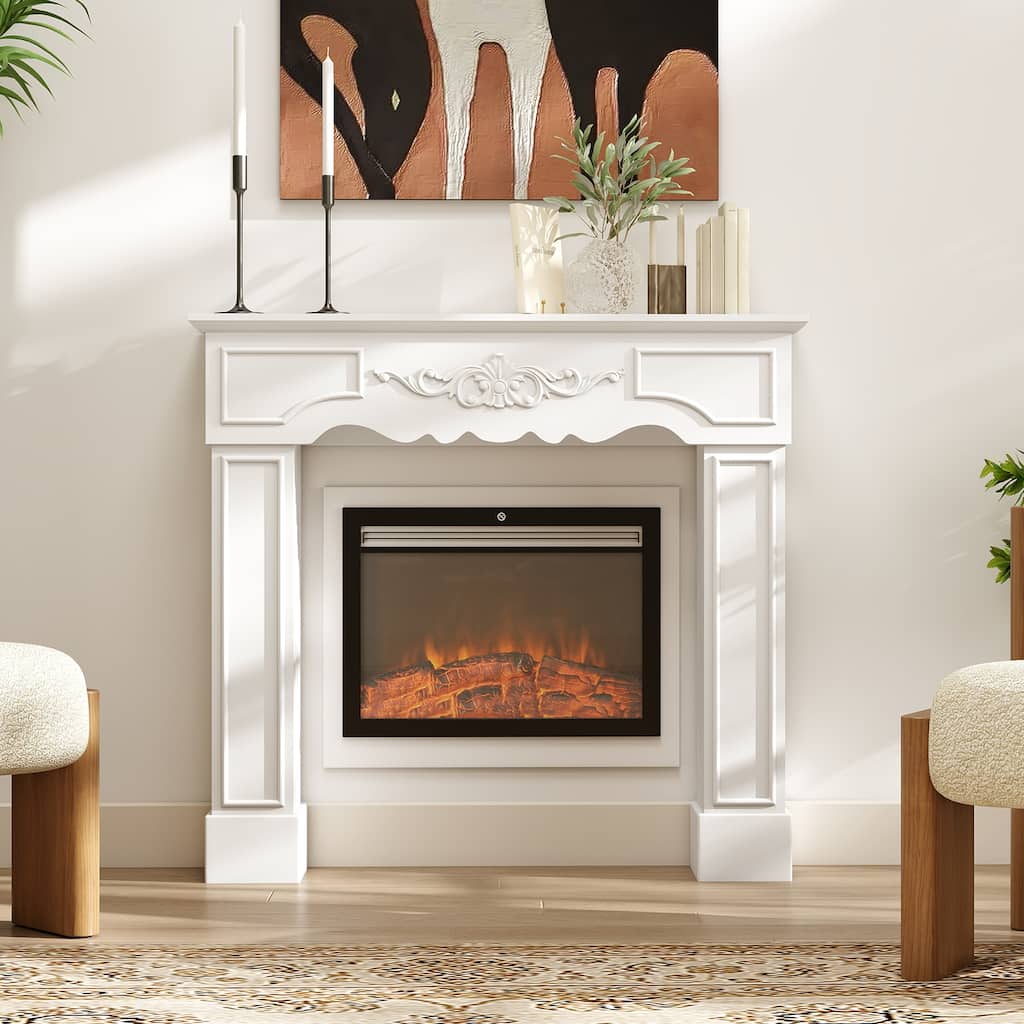 HOMCOM Baroque Fireplace Mantel, Freestanding Fireplace Surround with Leg for Electric Fireplaces, 43.3" W x 39.8" H, White