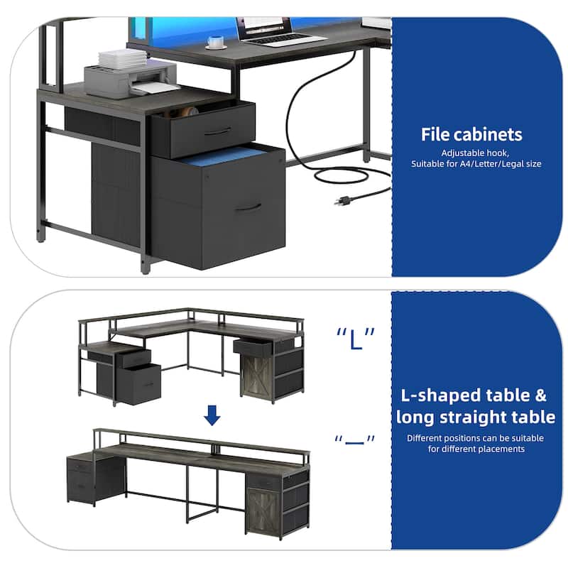 Moasis 63" Corner L Shaped LED Computer Desk with Drawers & Power Outlets