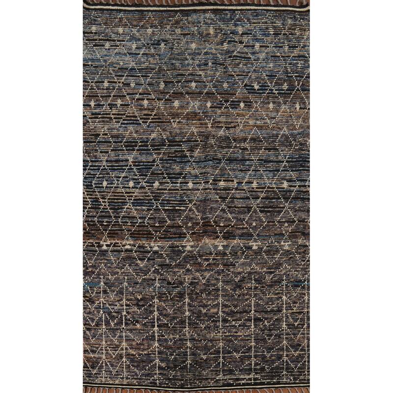 Navy Blue & Brown Moroccan Oriental Area Rug Handmade Wool Carpet - 5'7"x 9'11"
