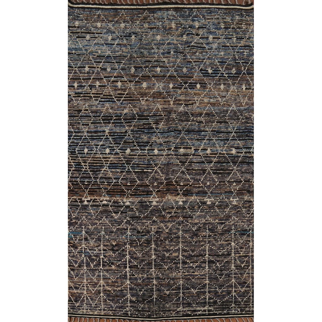 Navy Blue & Brown Moroccan Oriental Area Rug Handmade Wool Carpet - 5'7"x 9'11"
