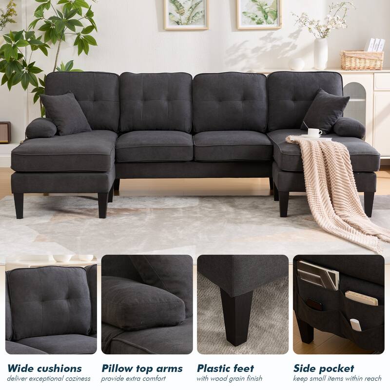 HOMEFUN Linen Upholstered U-Shaped 4-seater Tufted Wood Frame Sectional Sofa with Side Pocket