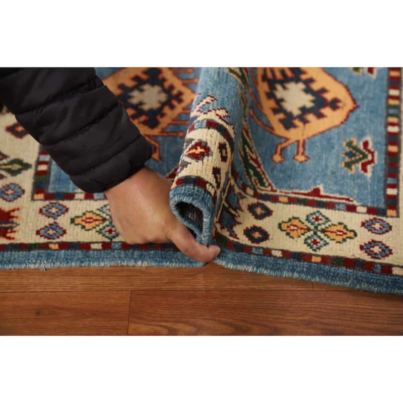Blue Kazak Oriental Foyer Rug Handmade Geometric Wool Carpet - 2'0" x 3'0"