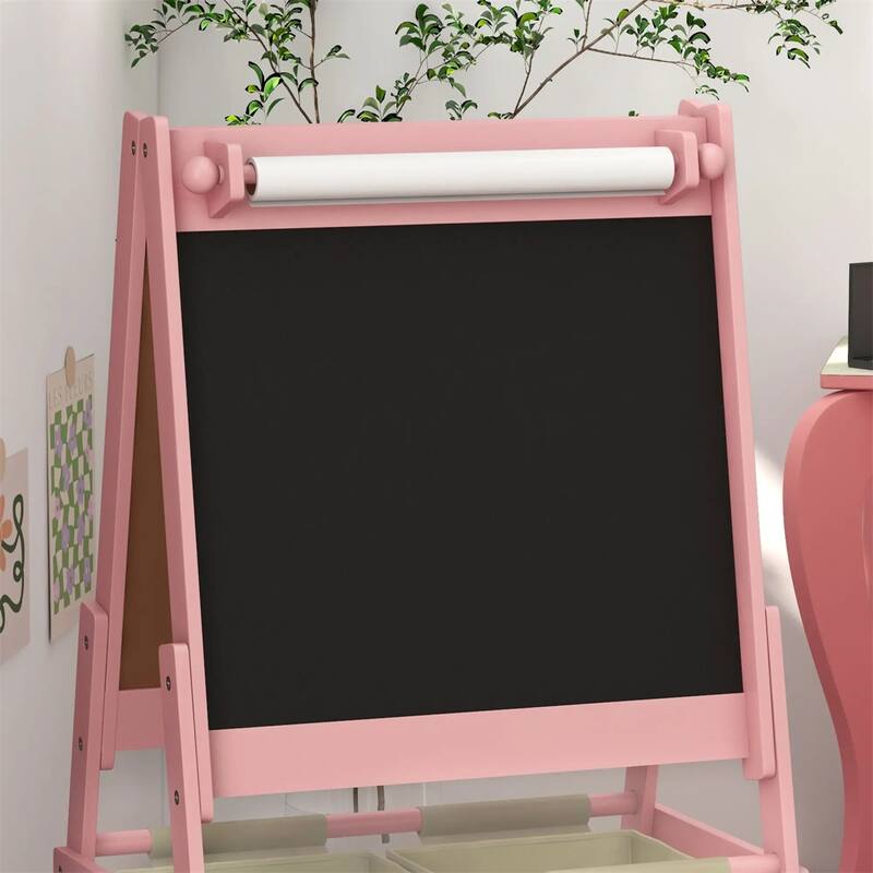 3-in-1 Kids Art Easel with Chalkboard Whiteboard Paper Roll Storage Baskets Animal Design for Toddlers Ages 3-8 Pink