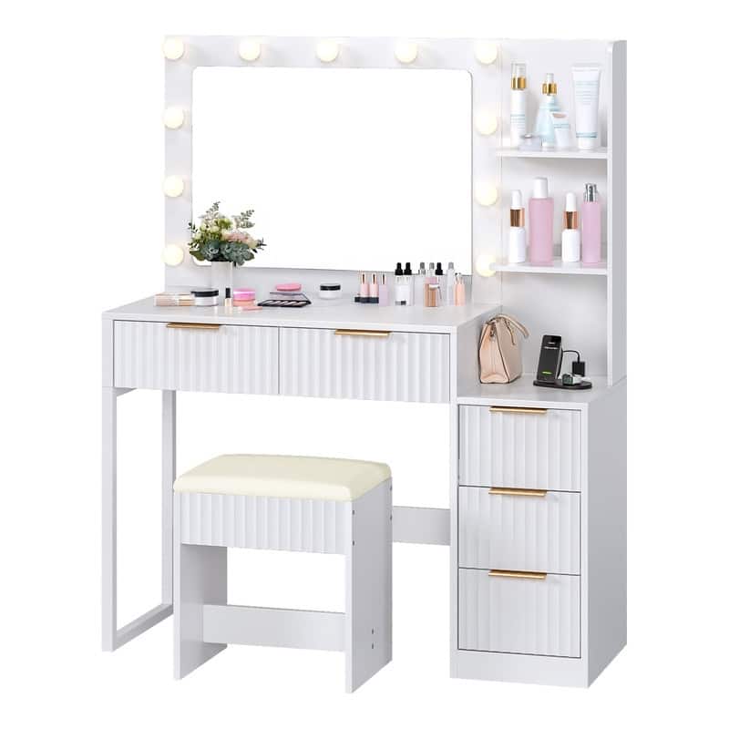 Particle Board Veneered with Textured Melamine, 5-drawer 2-Shelf, comes with 11 Three-color Dimmable Bulbs, Dressing Table Set