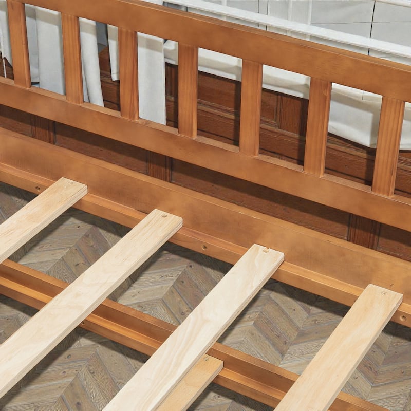 Twin/Full Wooden House Bed with Twin Trundle, Kids Platform Bed Frame with Roof Design, Solid Pine Wood