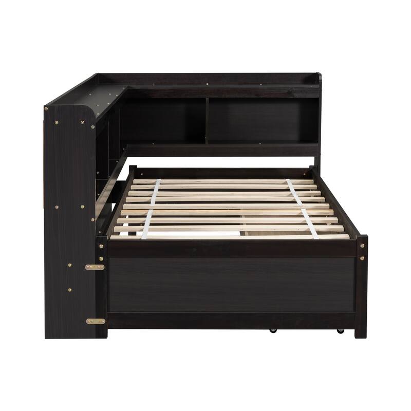 Twin/Full Size Bed with Storage Drawers and L-Shaped Bookshelves, Ideal for Kids or Guest Rooms, No Box Spring Needed