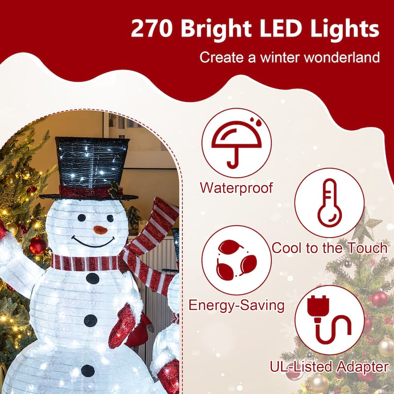 Gymax Set of 3 Pre-Lit 3D Snowman Set w/270 LED Lights for Home Lawn - Multicolor